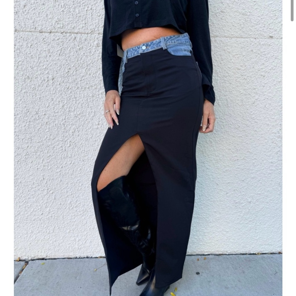 EB Luxe Los Angeles black with denim maxi skirt slit size medium